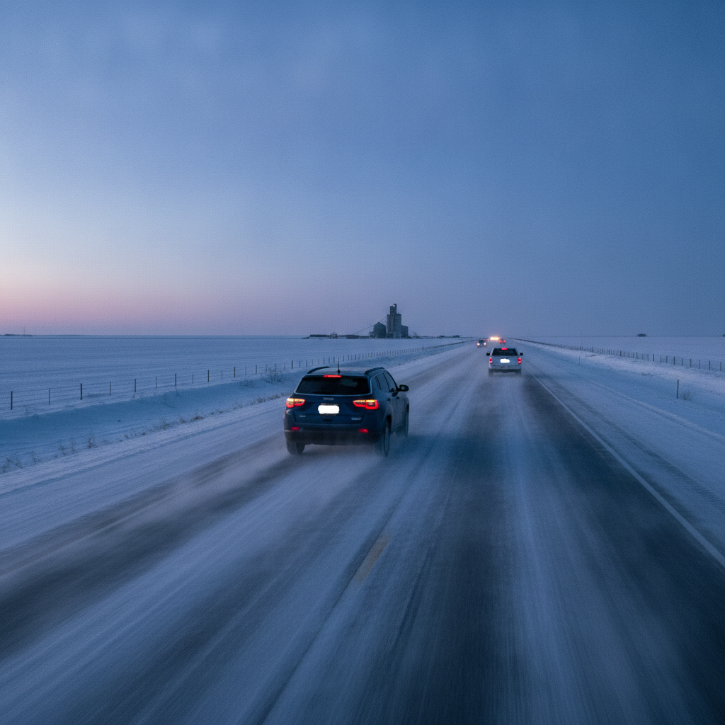 Jeep Compass on a snowy Manitoba prairie highway at dawn