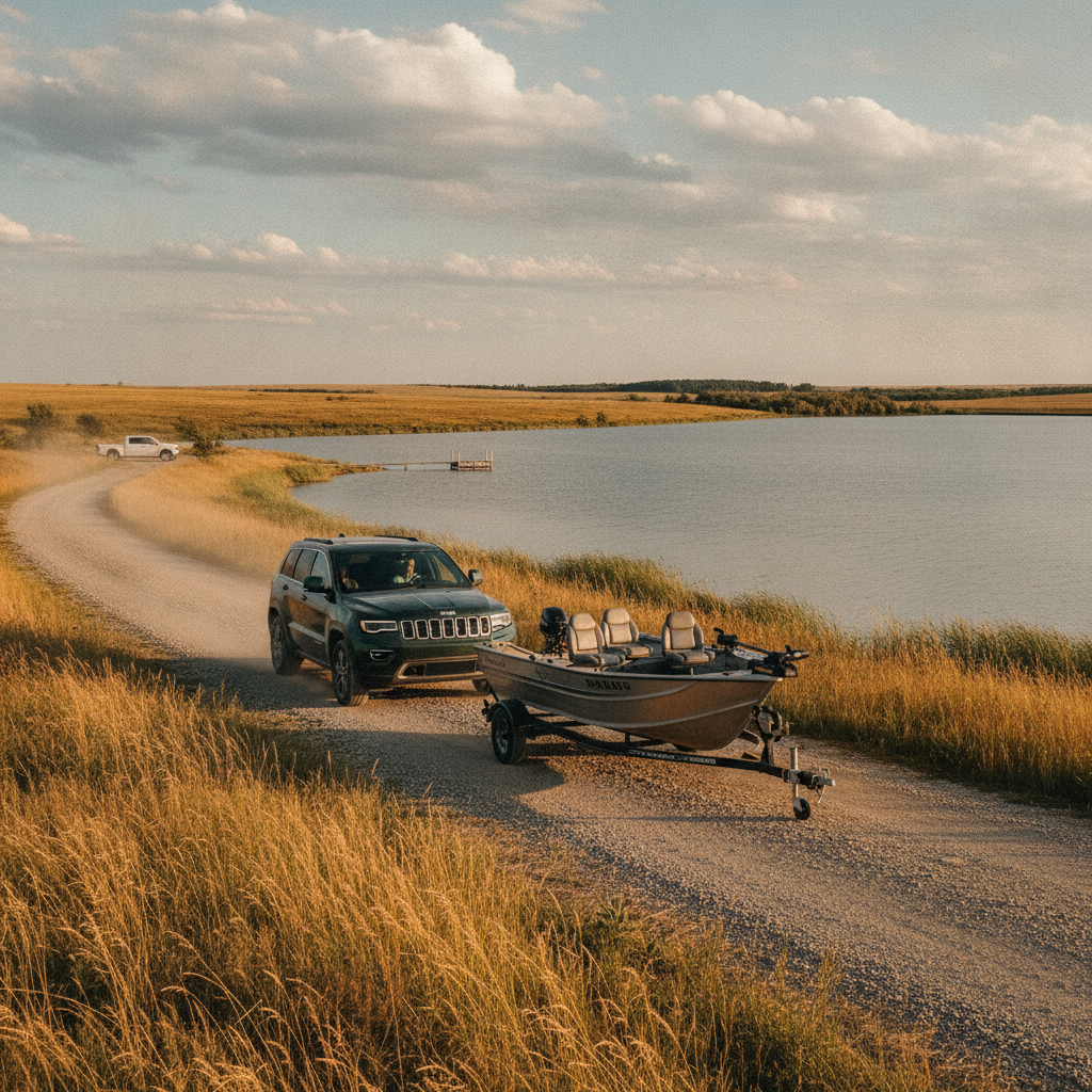 Jeep Grand Cherokee towing a small fishing boat on a gravel road near a Manitoba lake