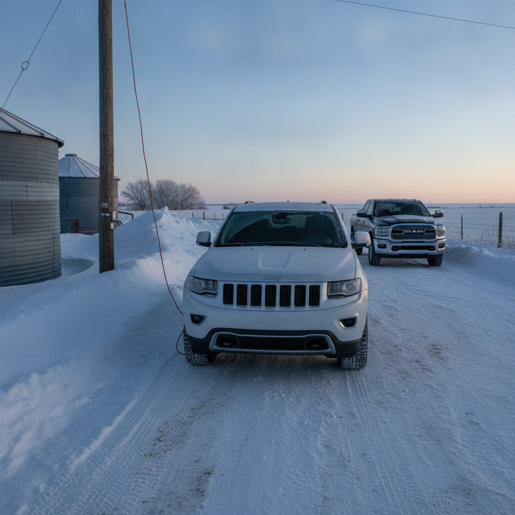 Jeep Grand Cherokee plugged in on a frosty Manitoba farmyard at dawn