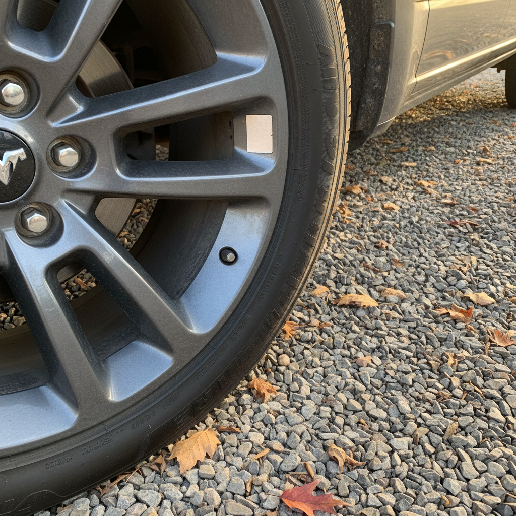 clean patch on a pickup wheel rim where a wheel weight has come off