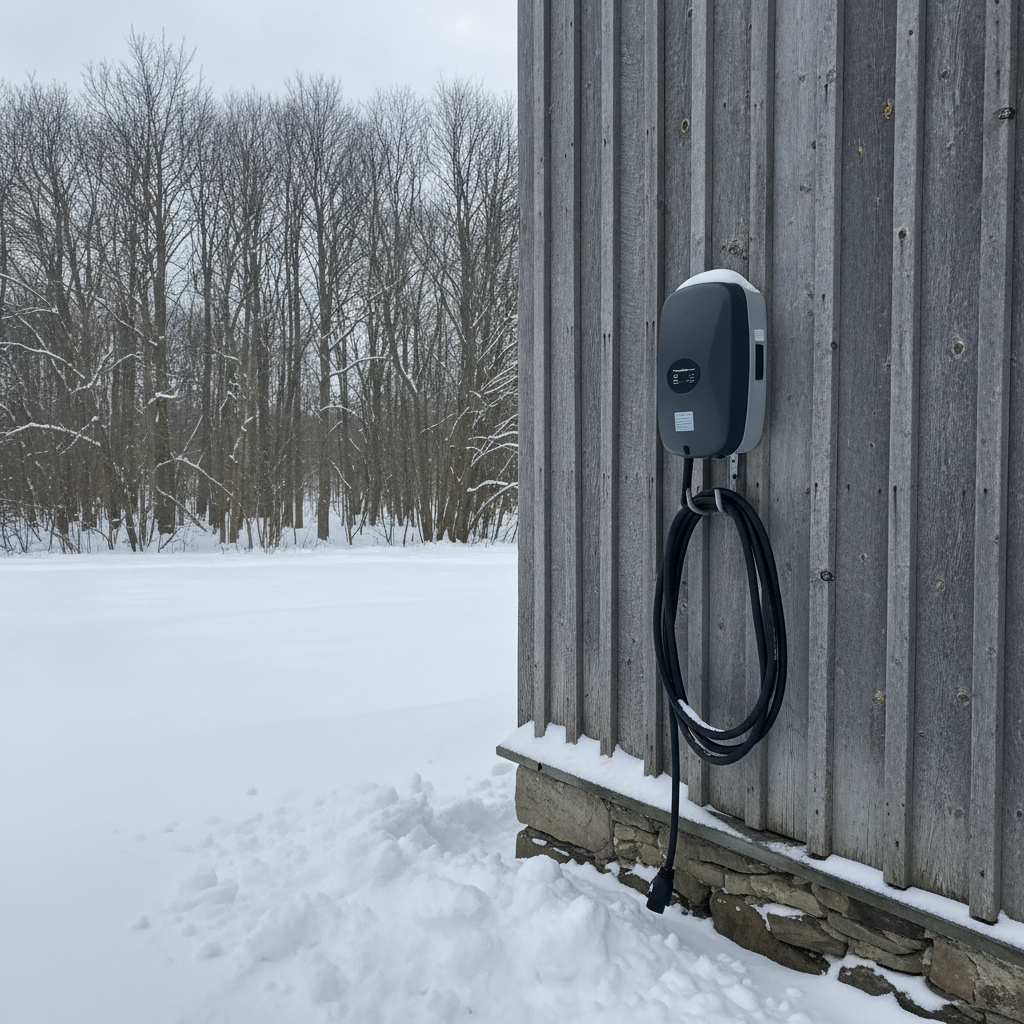outdoor electric vehicle charger on a farm shop wall beside a winter shelterbelt