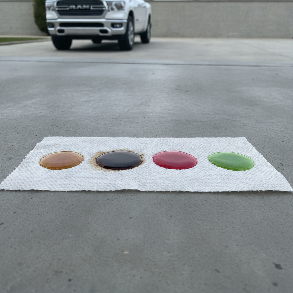 white paper towel showing brown, red and green fluid drops for a leak colour test
