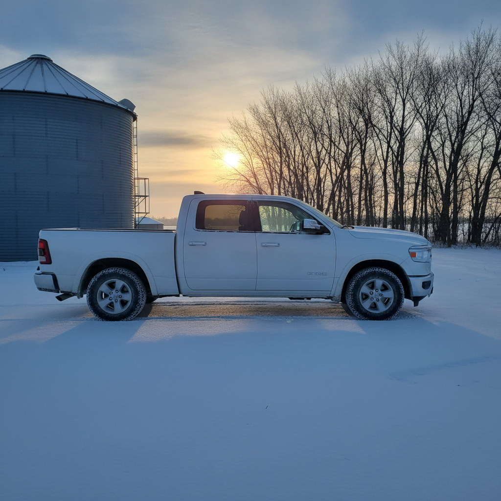 pickup parked overnight in a snowy Manitoba farmyard at sunrise with frost on the tires