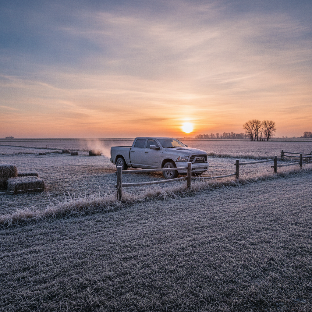 pickup idling in a frosty Manitoba farmyard at sunrise