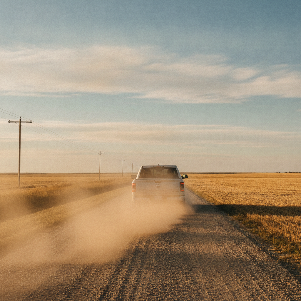 pickup on a Manitoba gravel grid road between stubble fields in autumn