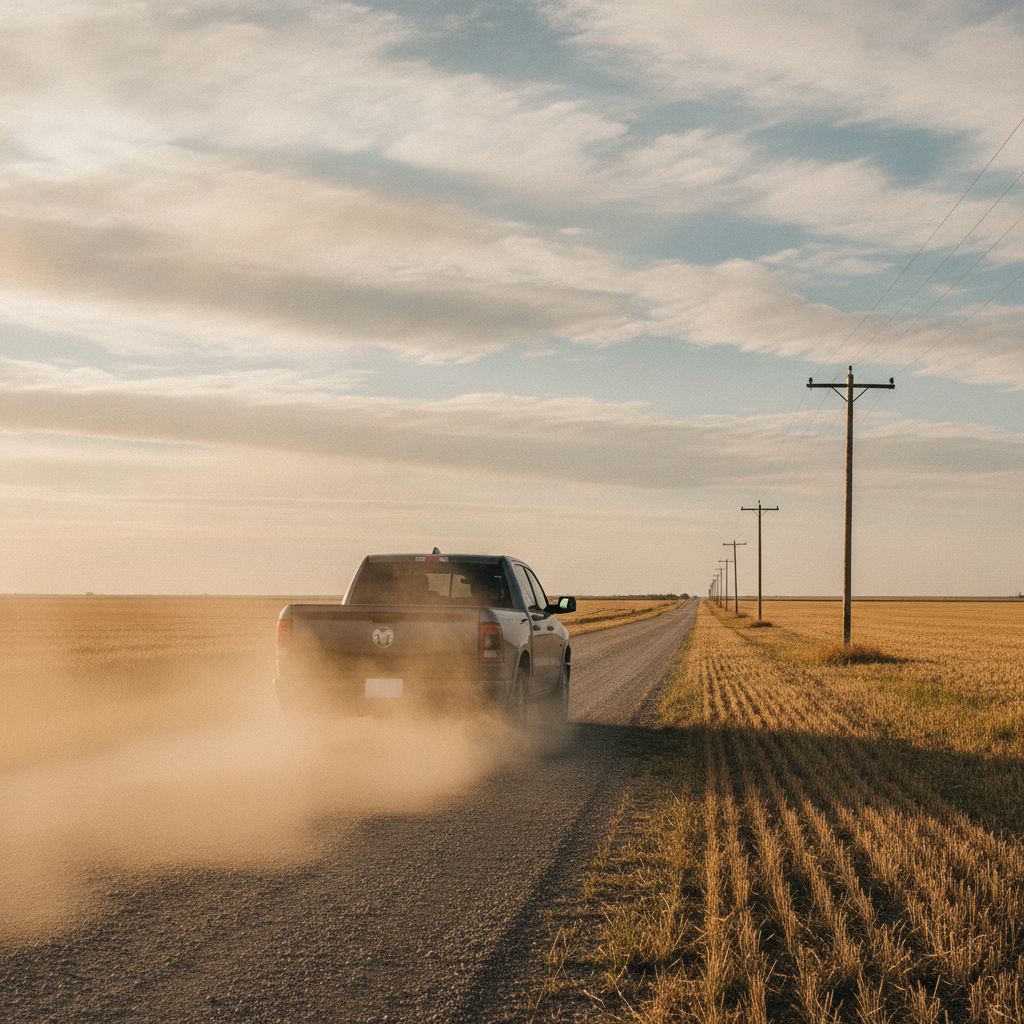 pickup raising dust on a Manitoba gravel grid road between stubble fields