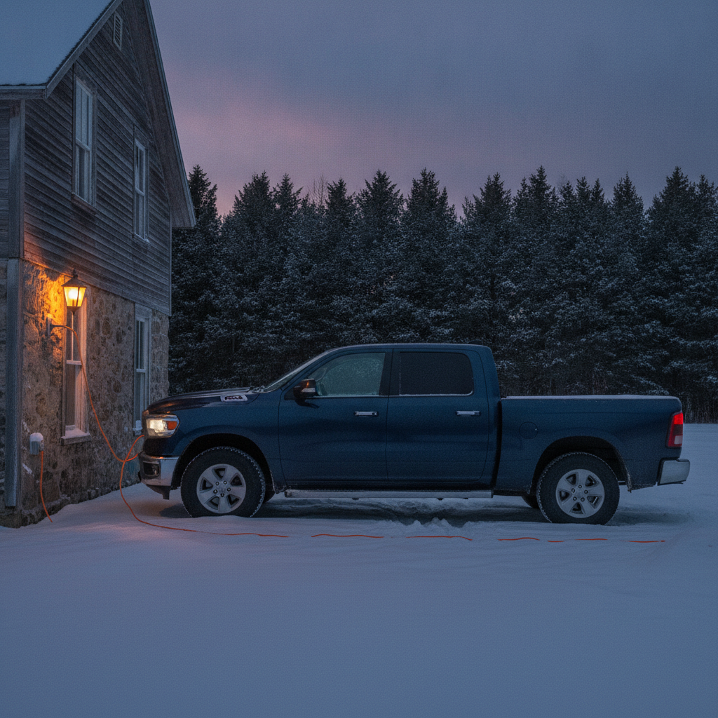 pickup plugged in beside a Manitoba farmhouse at dusk with the cord fully extended