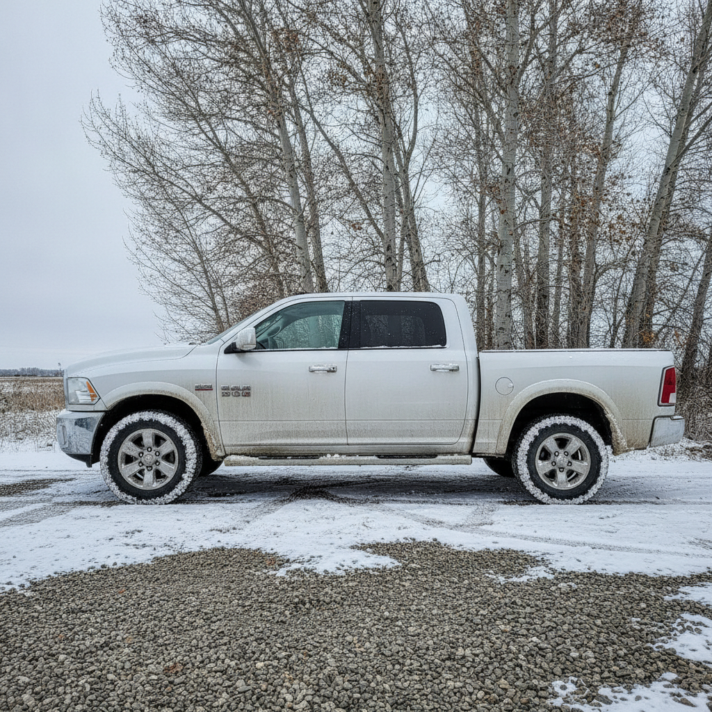 pickup with snow packed in the wheel wells parked in a gravel yard in November