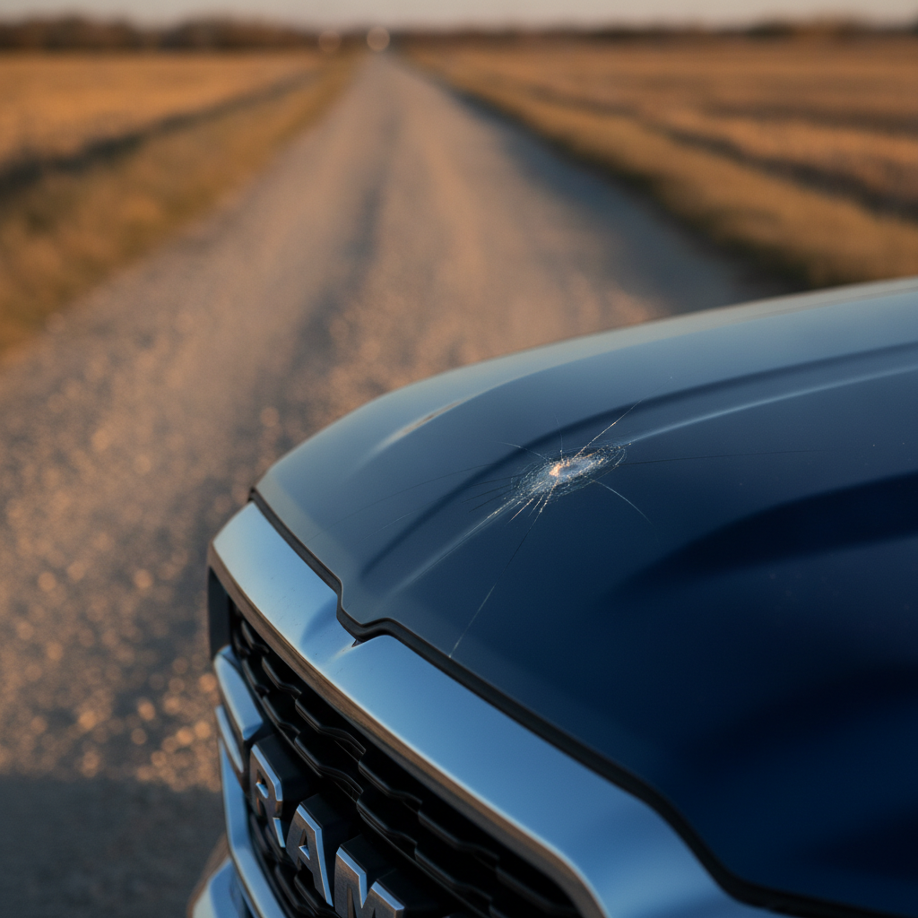small stone chip in a pickup windshield after a Manitoba gravel road