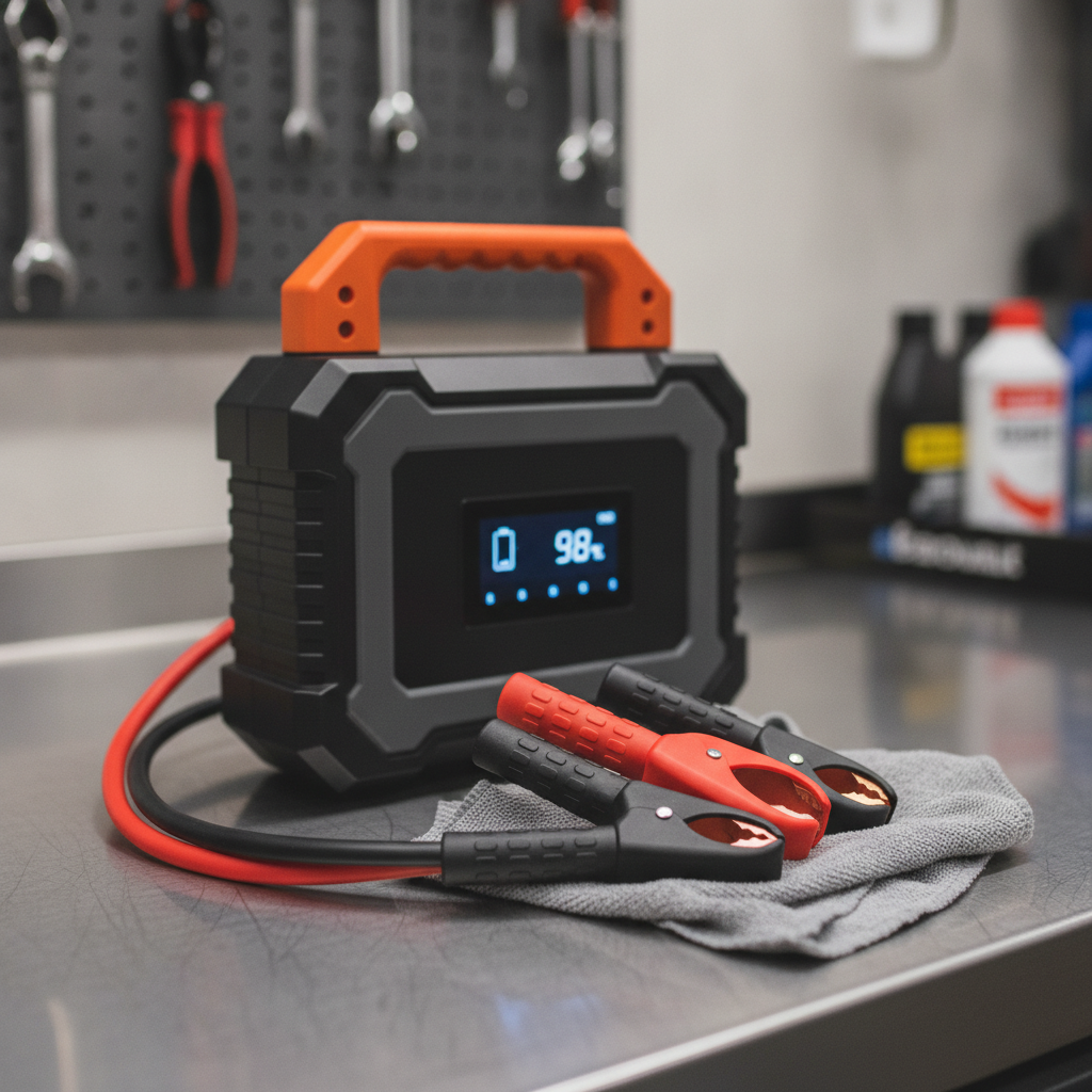 portable battery booster pack with clamp leads on a workbench in a heated garage