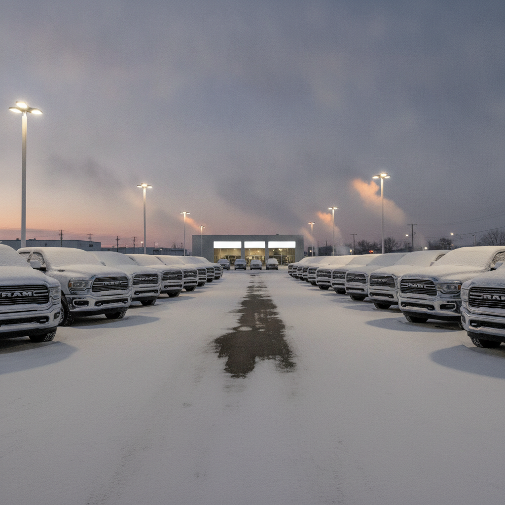 snow covered pickups on a prairie dealership lot at dusk in December