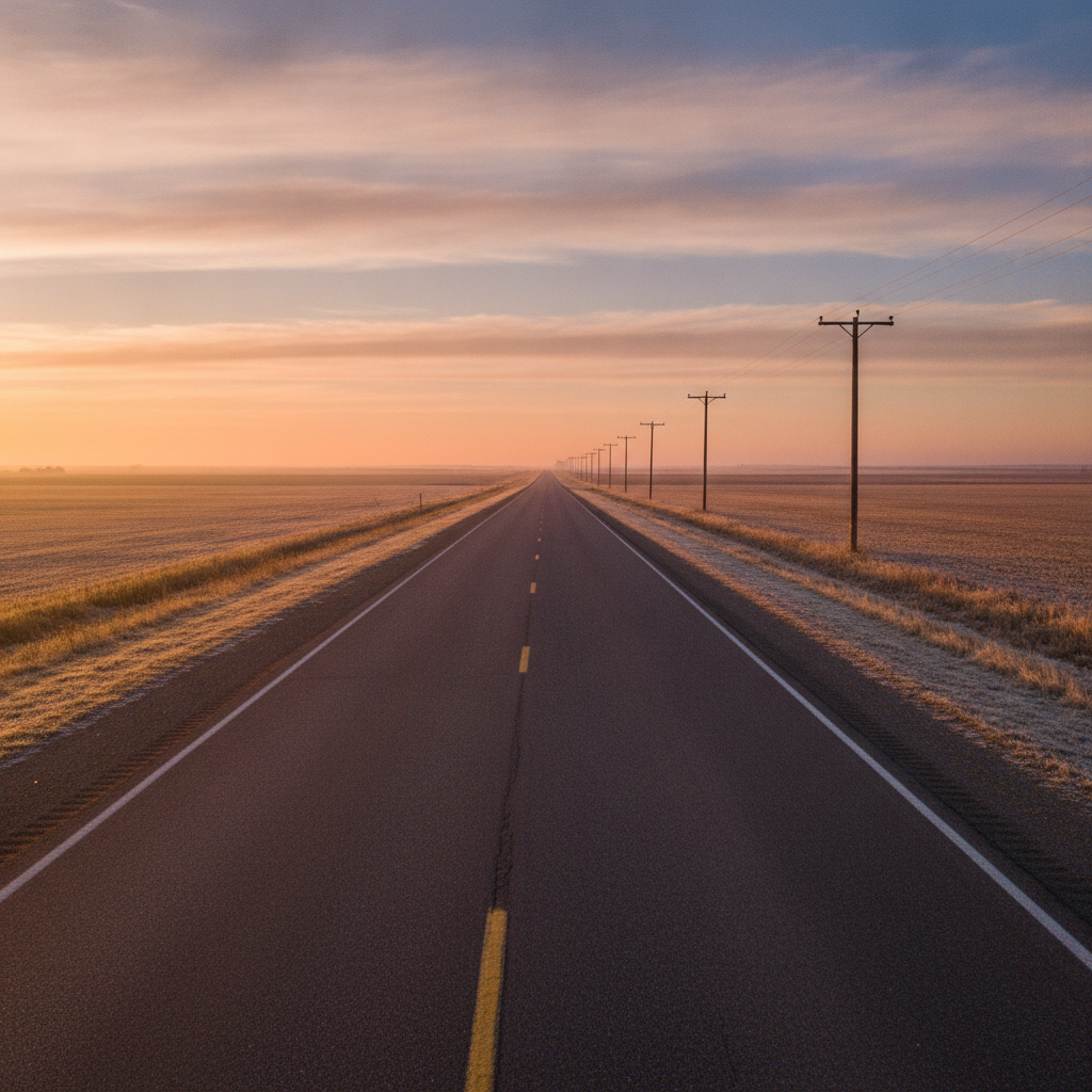 straight prairie highway at sunrise between frosty Manitoba fields