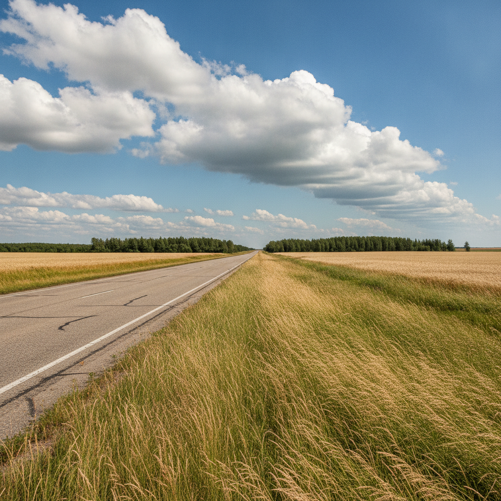 empty prairie highway in July with ditch grass bent by a strong crosswind