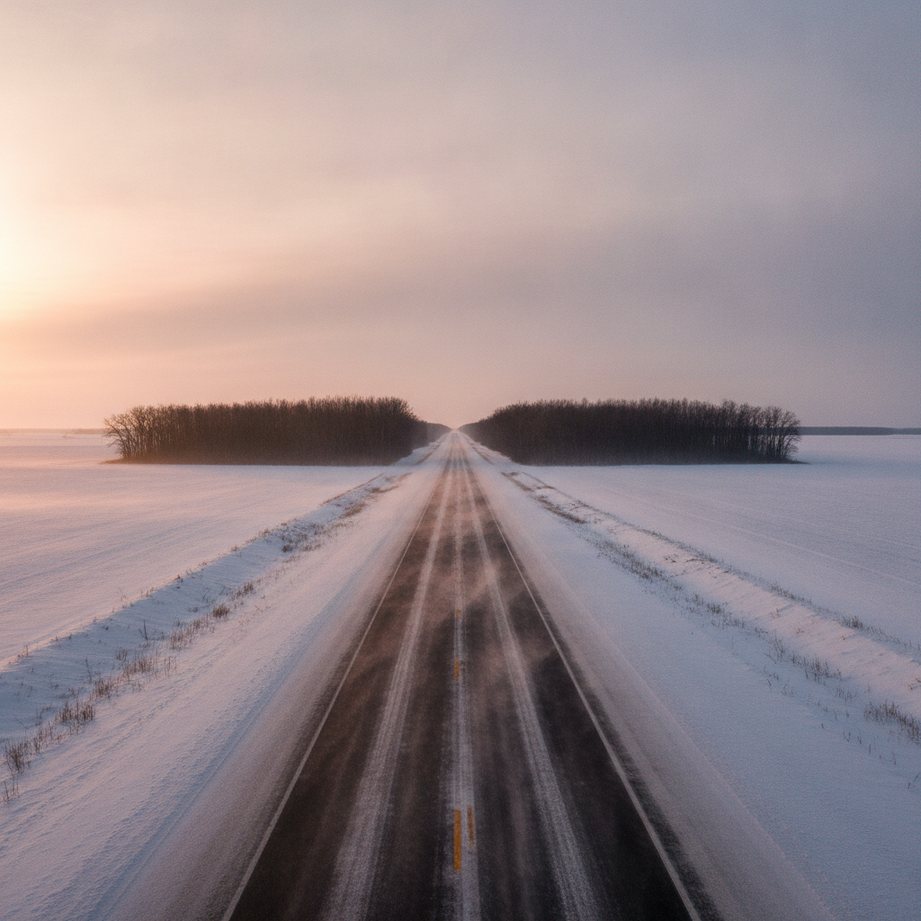 snow covered two lane prairie highway at dawn in a Manitoba winter