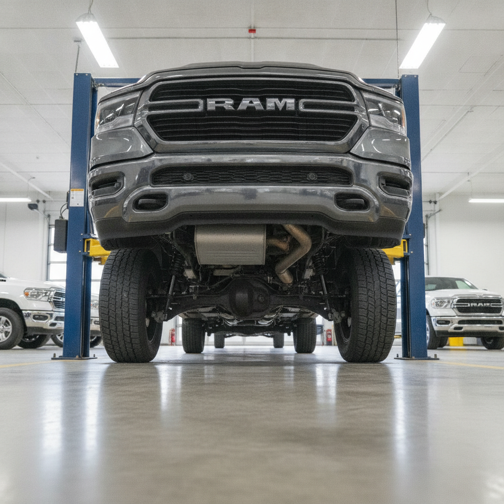 underside of a pickup truck on a service hoist in a bright dealership service bay
