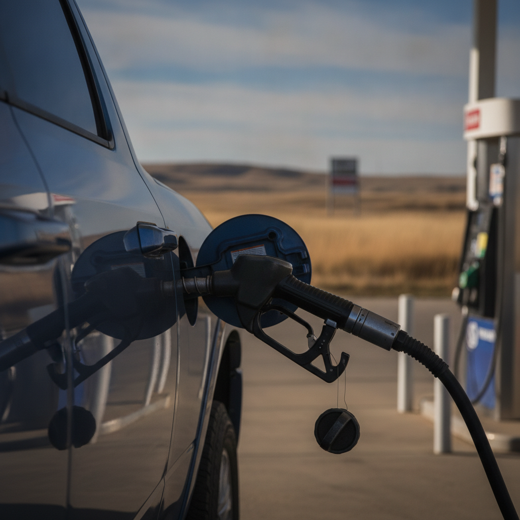 Diesel fuel nozzle in the filler of a Ram 2500 at a prairie fuel station