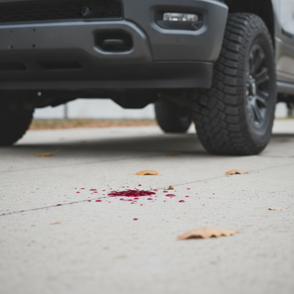 red transmission fluid drip on a concrete driveway under the middle of a pickup