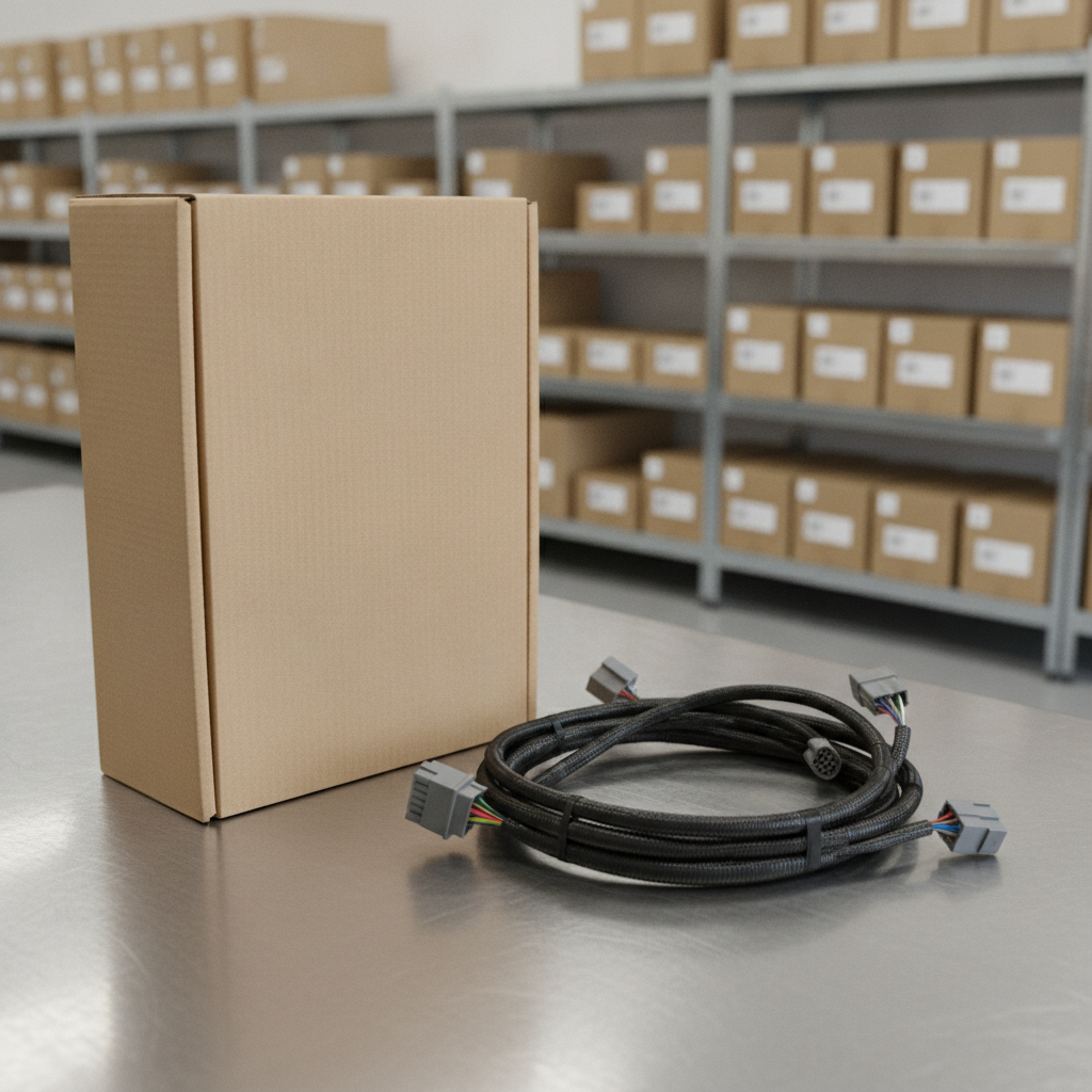 wiring harness and parts box on a dealership parts counter
