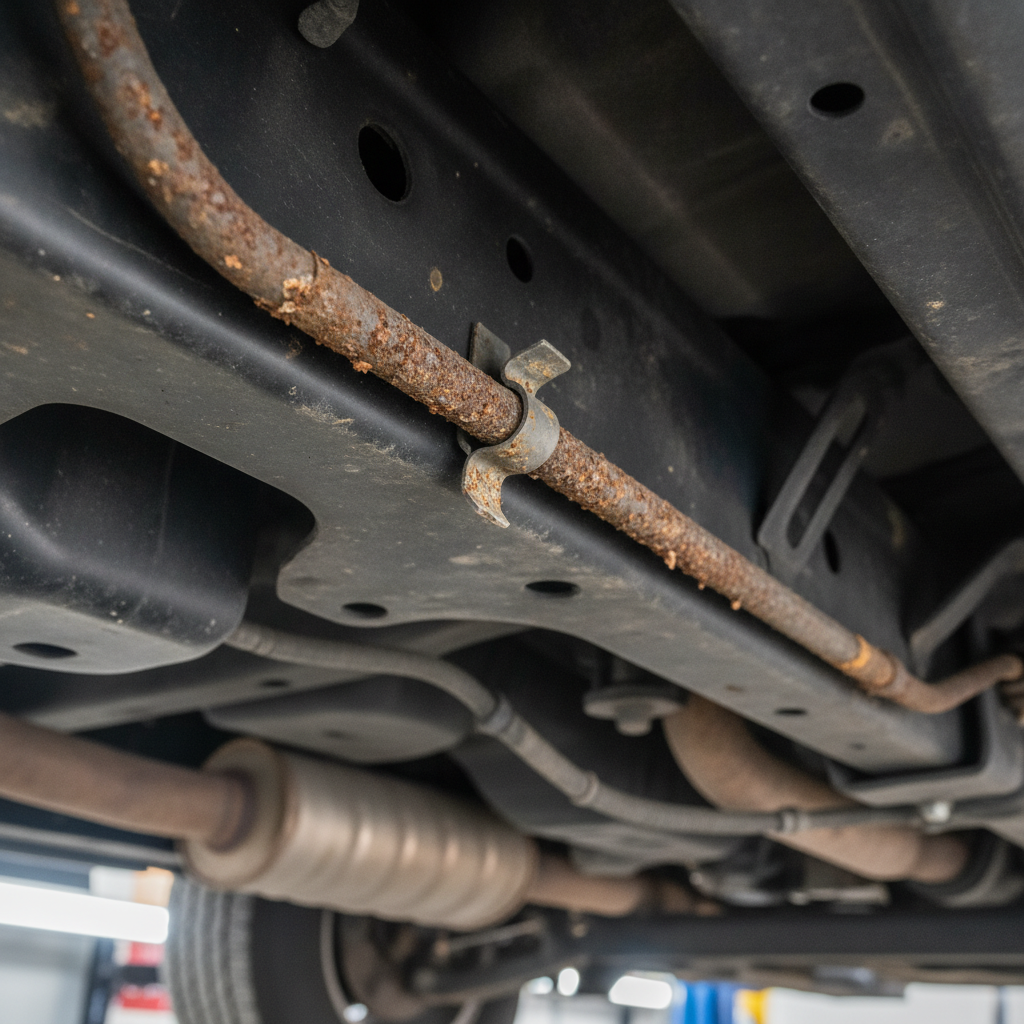 salt rusted steel brake line clipped to a pickup truck frame rail