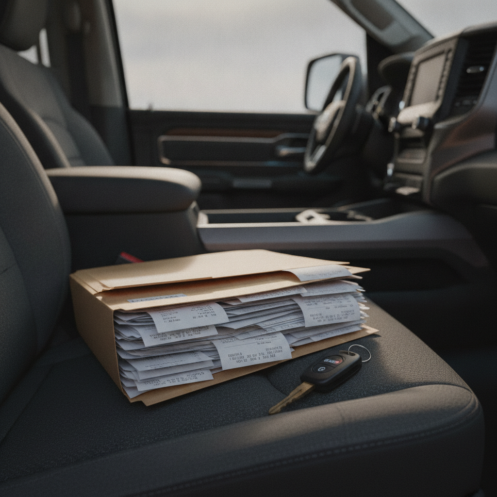 folder of service receipts and truck keys on a pickup bench seat