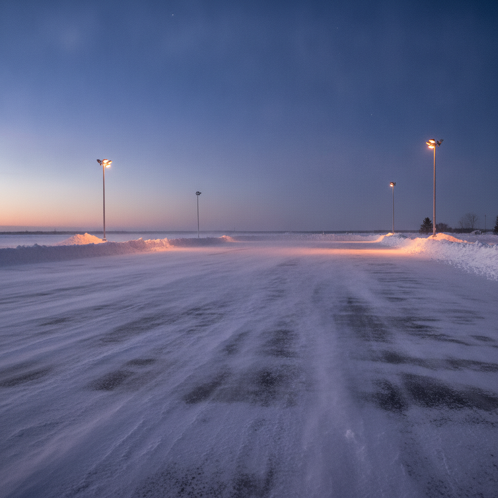 snowy hockey arena parking lot at dusk with plowed snowbanks and glowing lights