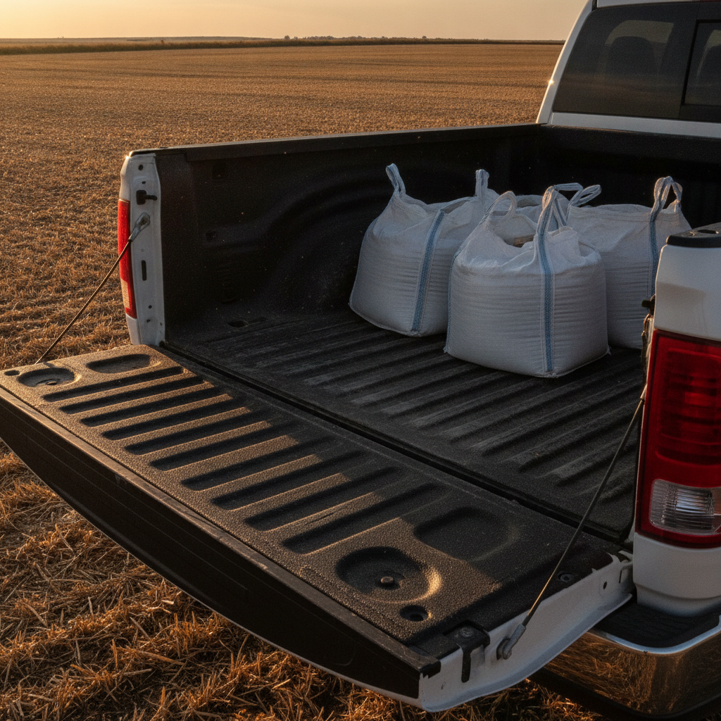 grain bags resting on a textured spray in bed liner in a pickup box at harvest