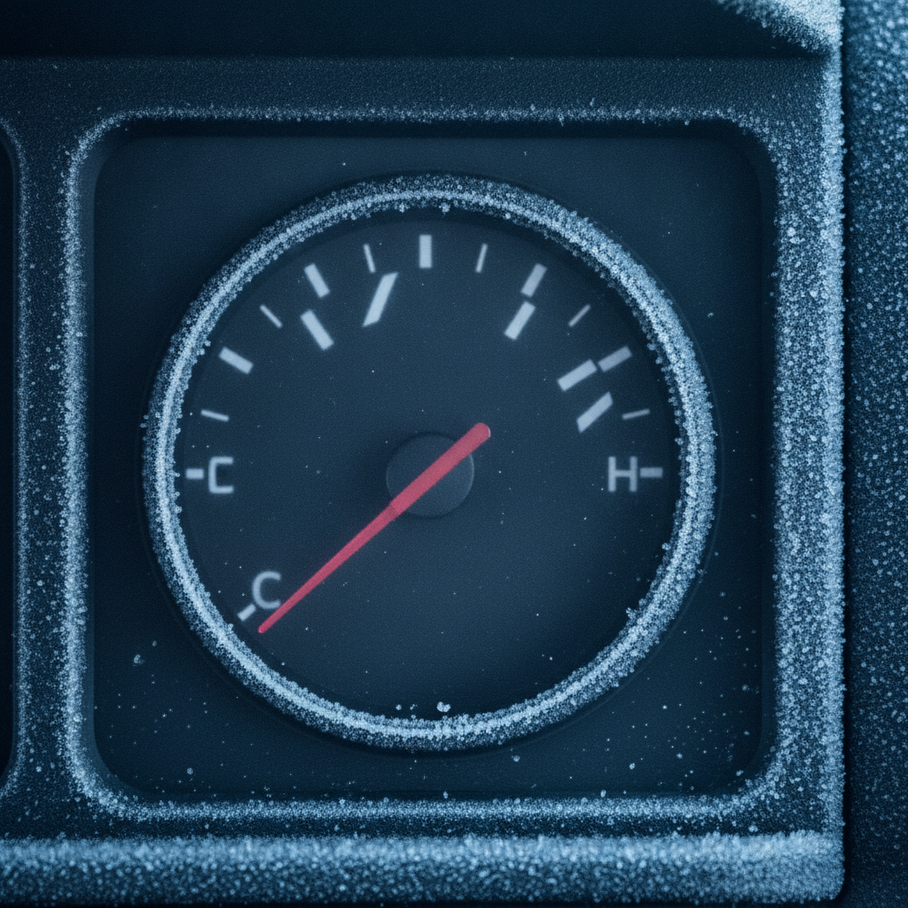 engine temperature gauge needle sitting low on a frosty winter morning