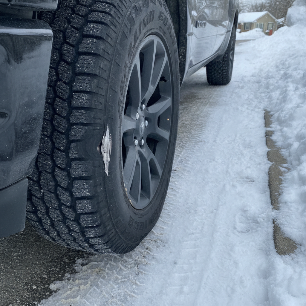pickup tire sidewall with a bulge beside a scraped rim lip after a curb strike