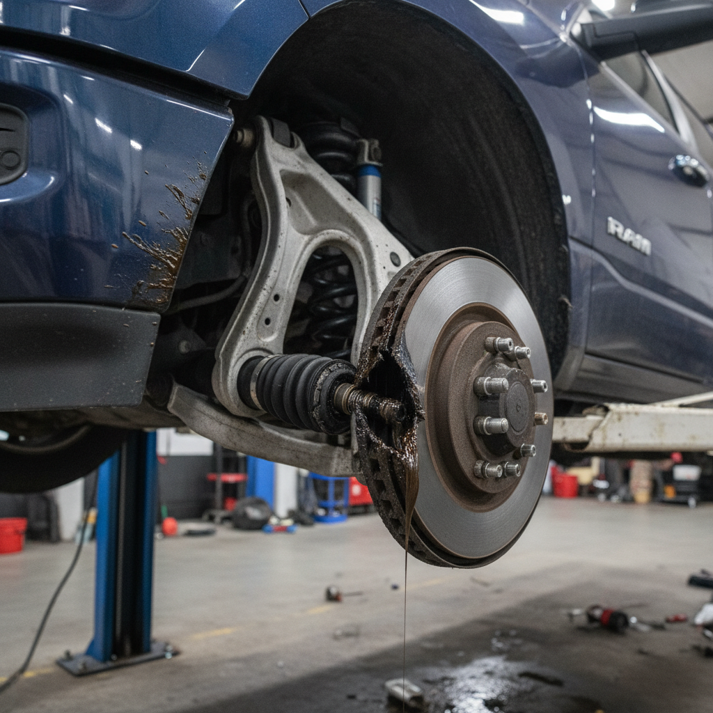 torn drive axle joint boot with grease on a four wheel drive pickup front end