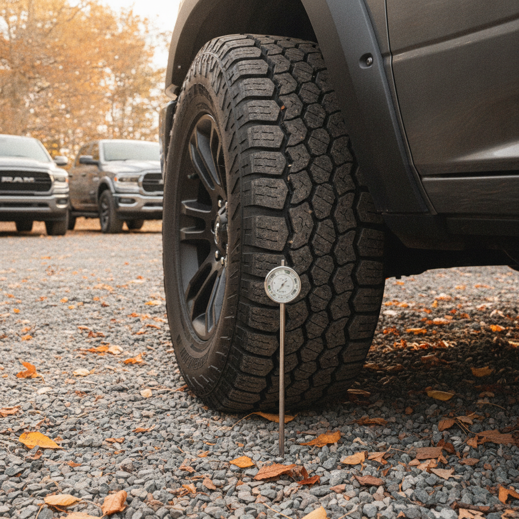 tread depth gauge in the groove of a pickup truck tire on a gravel yard