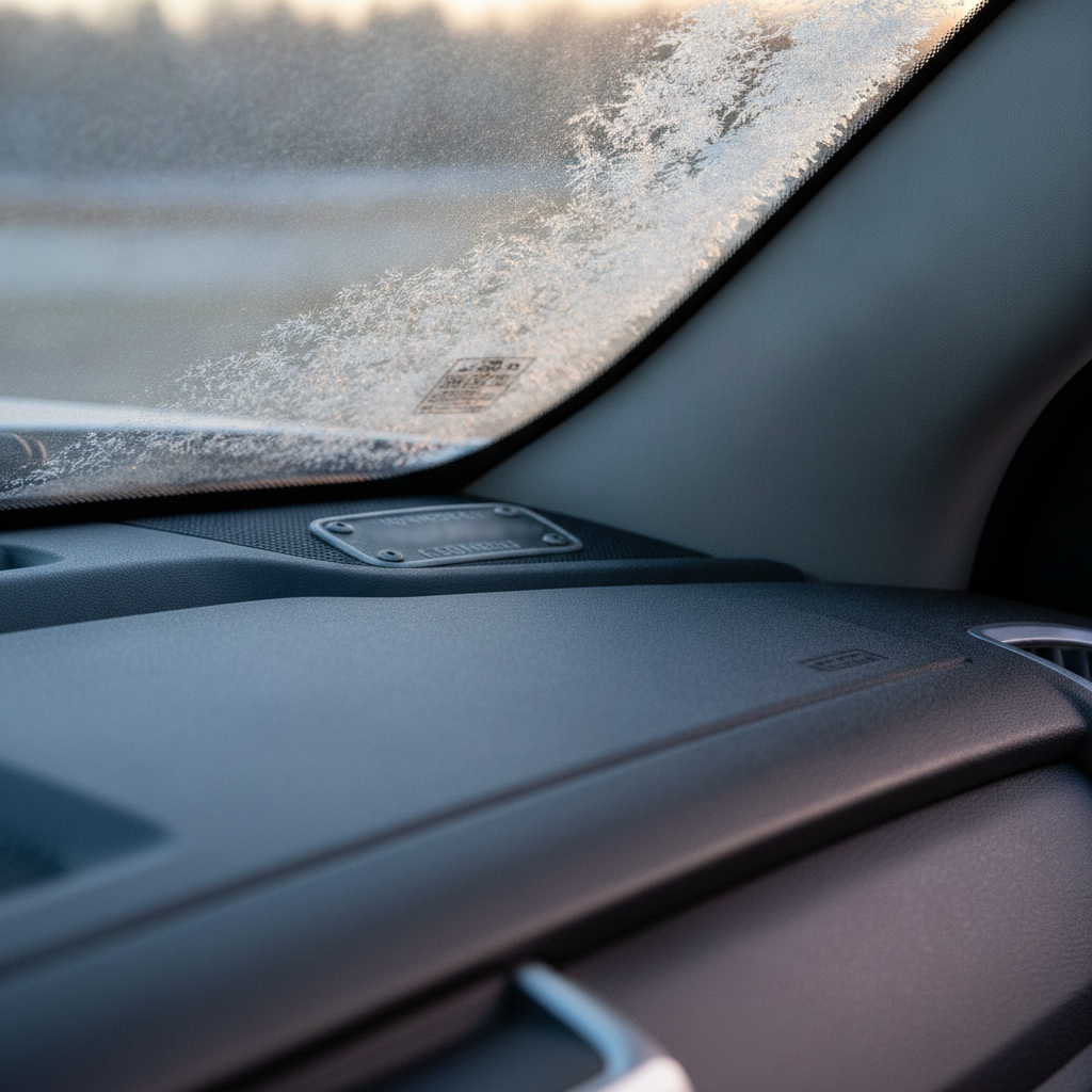 blurred VIN plate area at the base of a pickup windshield on a frosty morning