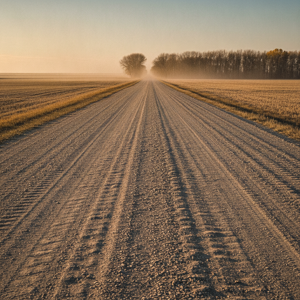 washboard gravel grid road running between harvested Manitoba fields in autumn