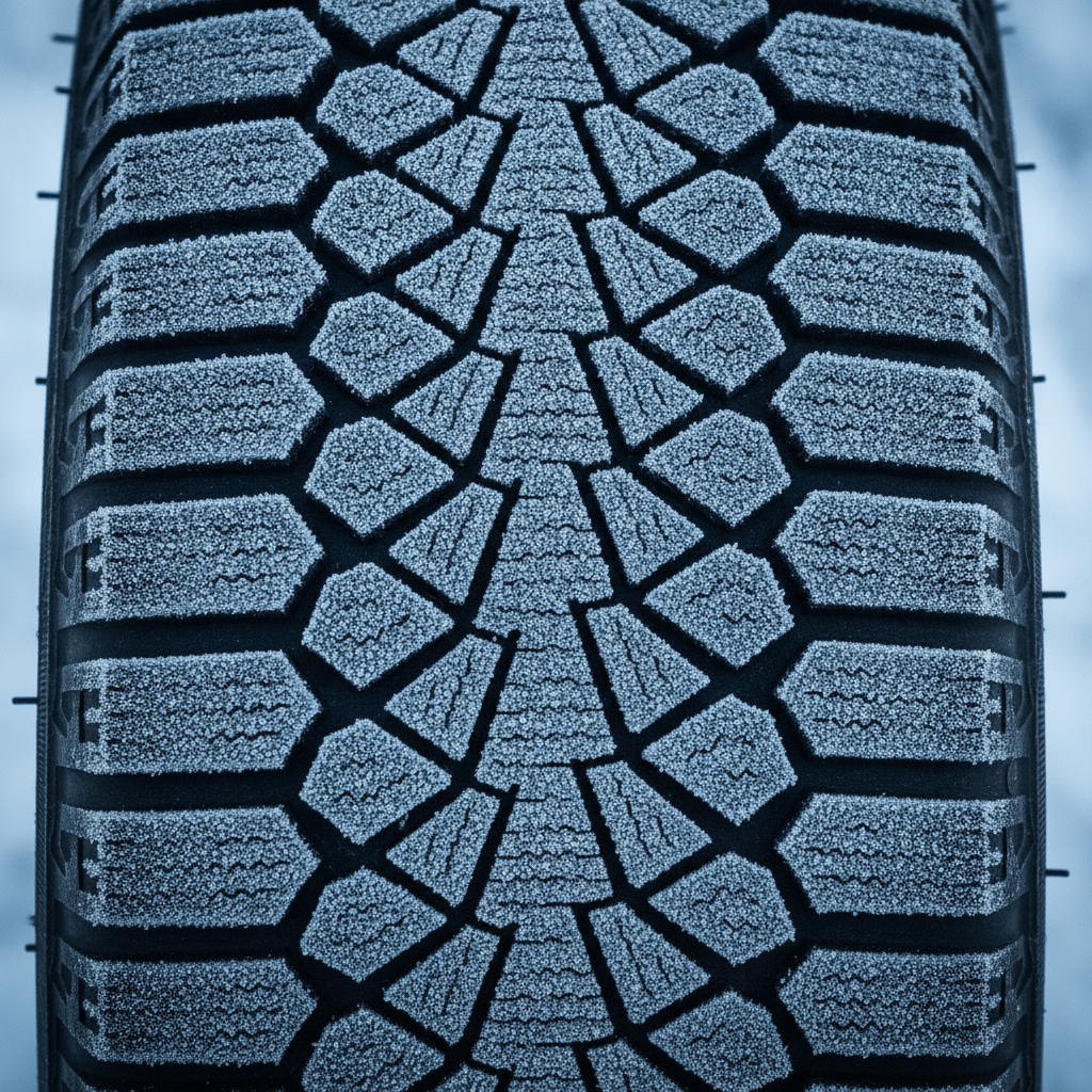 close up of a winter tire tread with dense zigzag sipes and frost on the rubber