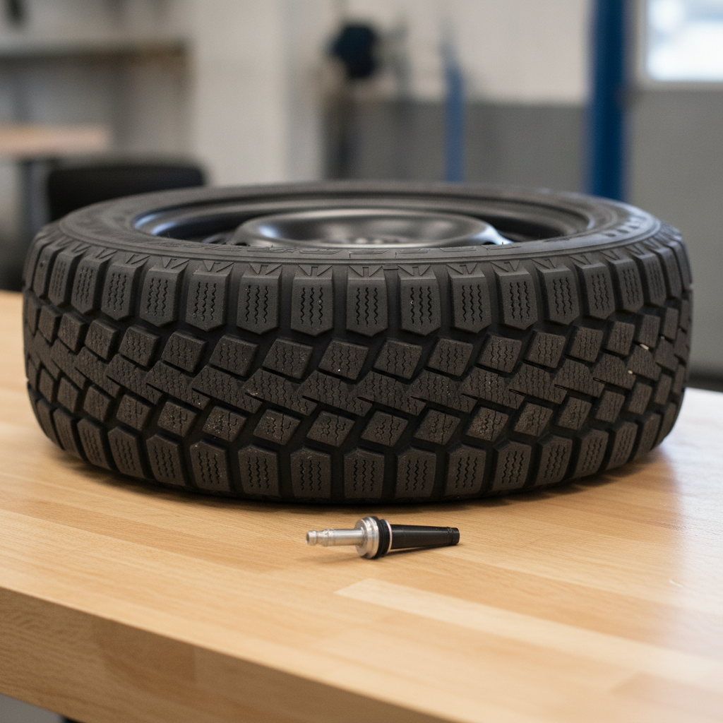 winter tire on a steel wheel on a workbench beside a tire pressure sensor and valve stem