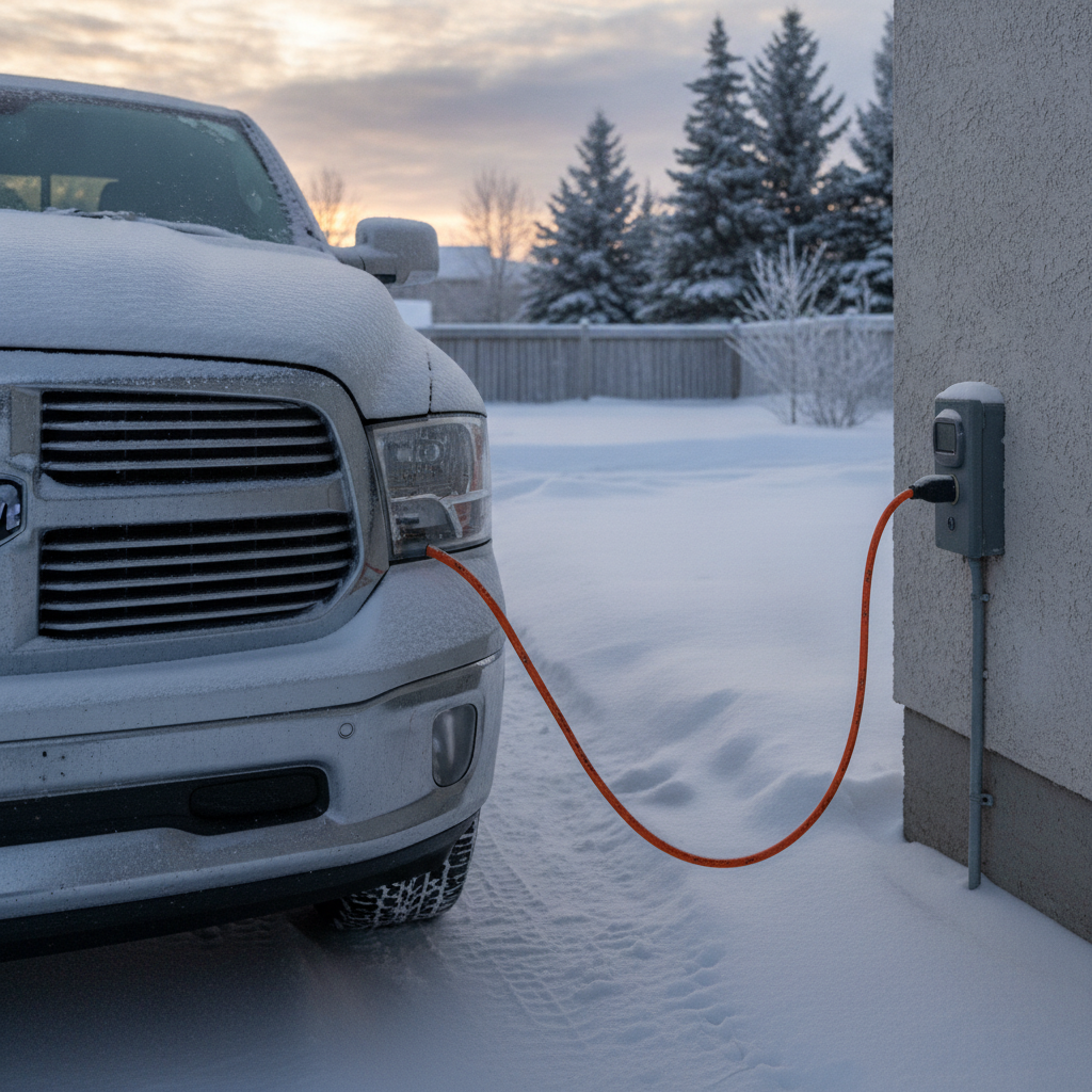 block heater cord plugged into an outdoor timer beside a pickup on a snowy driveway