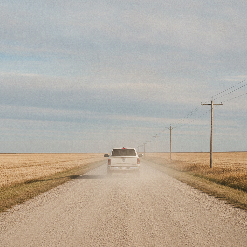 Ram pickup on a Manitoba gravel grid road between harvested fields
