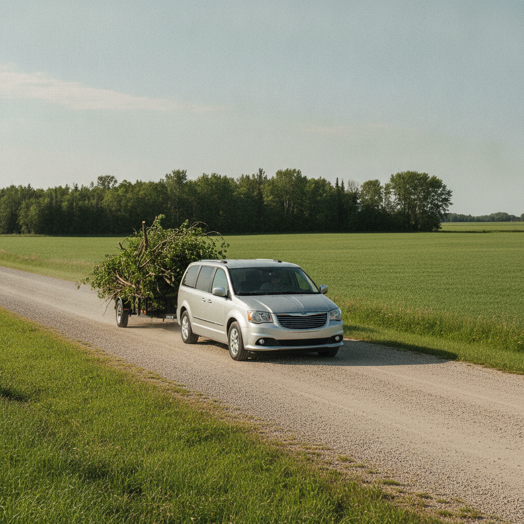 Chrysler Grand Caravan towing a small utility trailer of branches on a gravel road in rural Manitoba