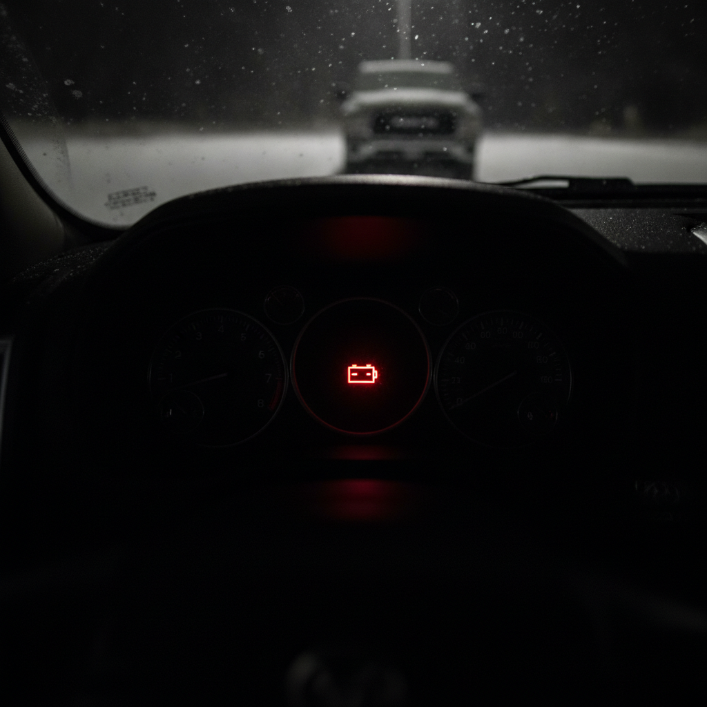 dashboard at night with a red battery warning light glowing among the gauges