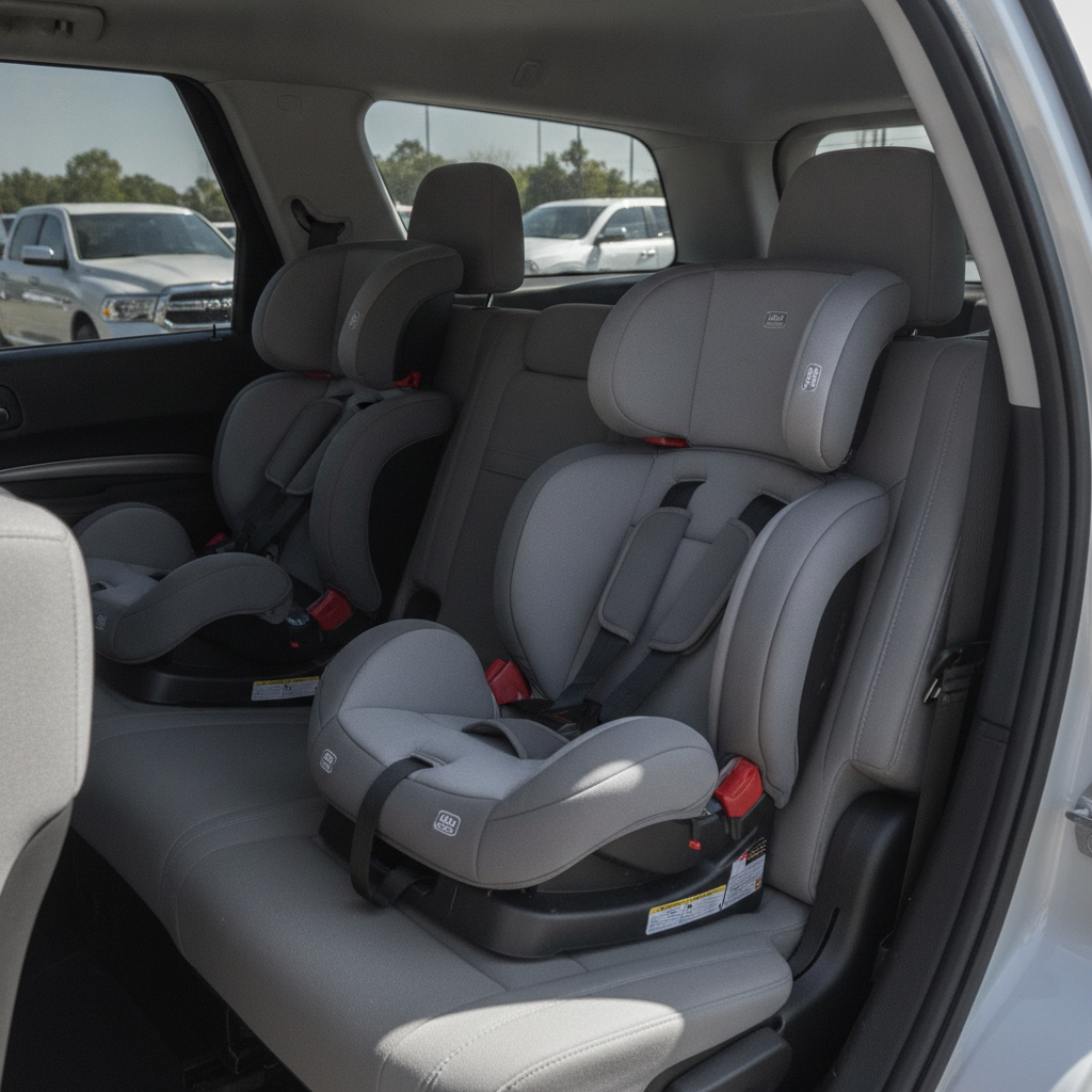 Infant car seat and booster seat installed in the second row of a Dodge Durango