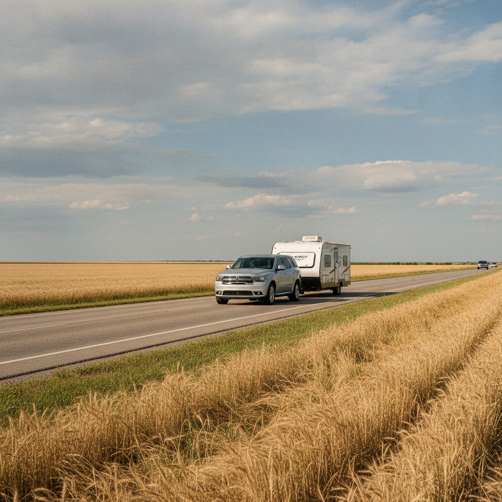 Dodge Durango towing a travel trailer on a Manitoba prairie highway in summer