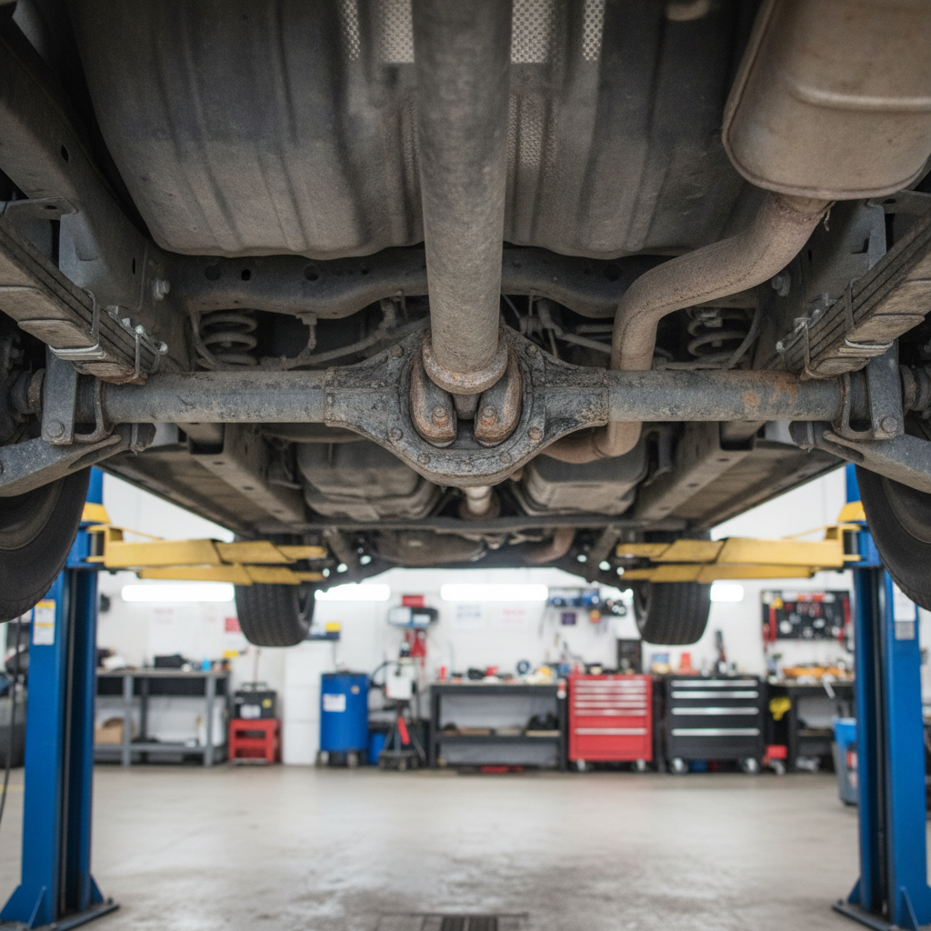 pickup rear driveshaft and universal joint seen from below on a service hoist