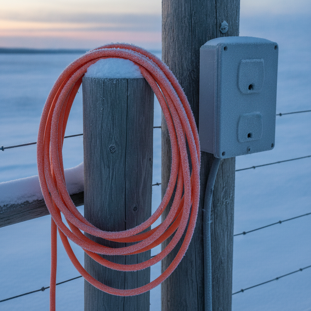 frosty extension cord coiled beside an outdoor outlet on a snowy farmyard pole