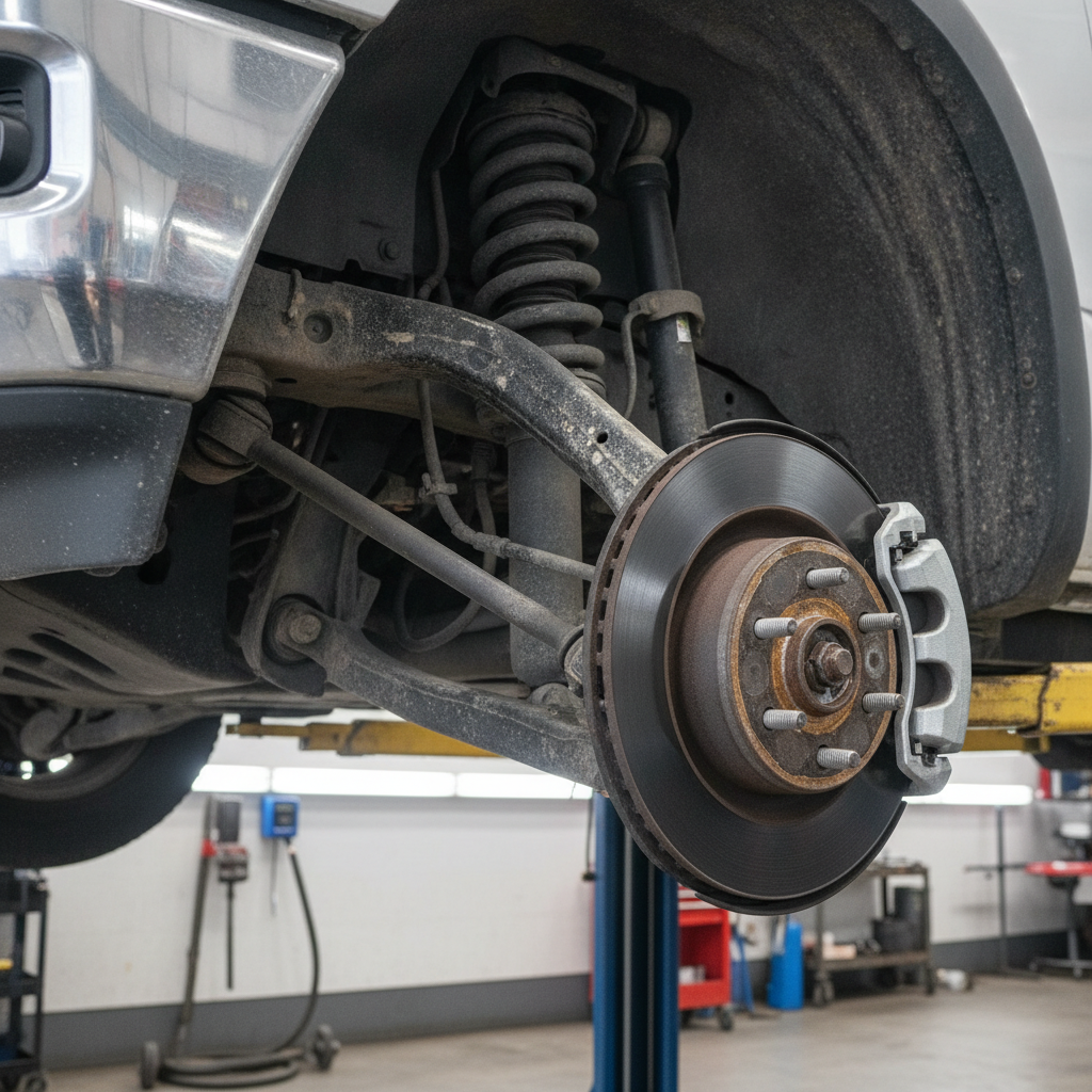 pickup front suspension and steering parts seen from below on a service hoist