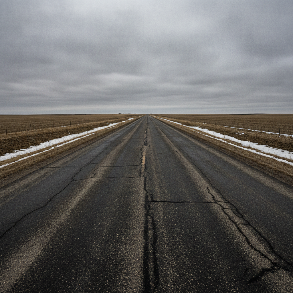 frost heaved prairie highway with patched asphalt in early spring in Manitoba