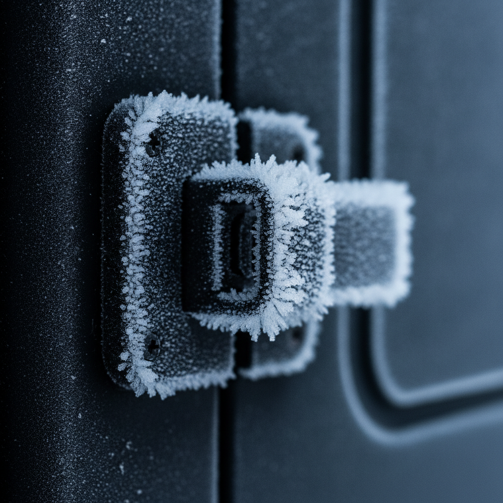 frost covered black latch on a tonneau cover on a cold morning