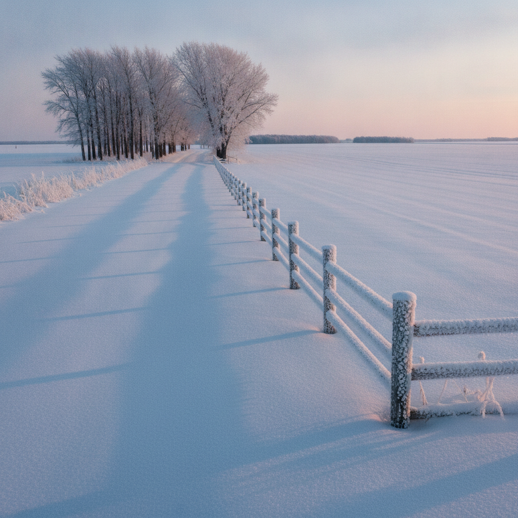 frosty prairie driveway and snow covered yard at dawn in a Manitoba winter