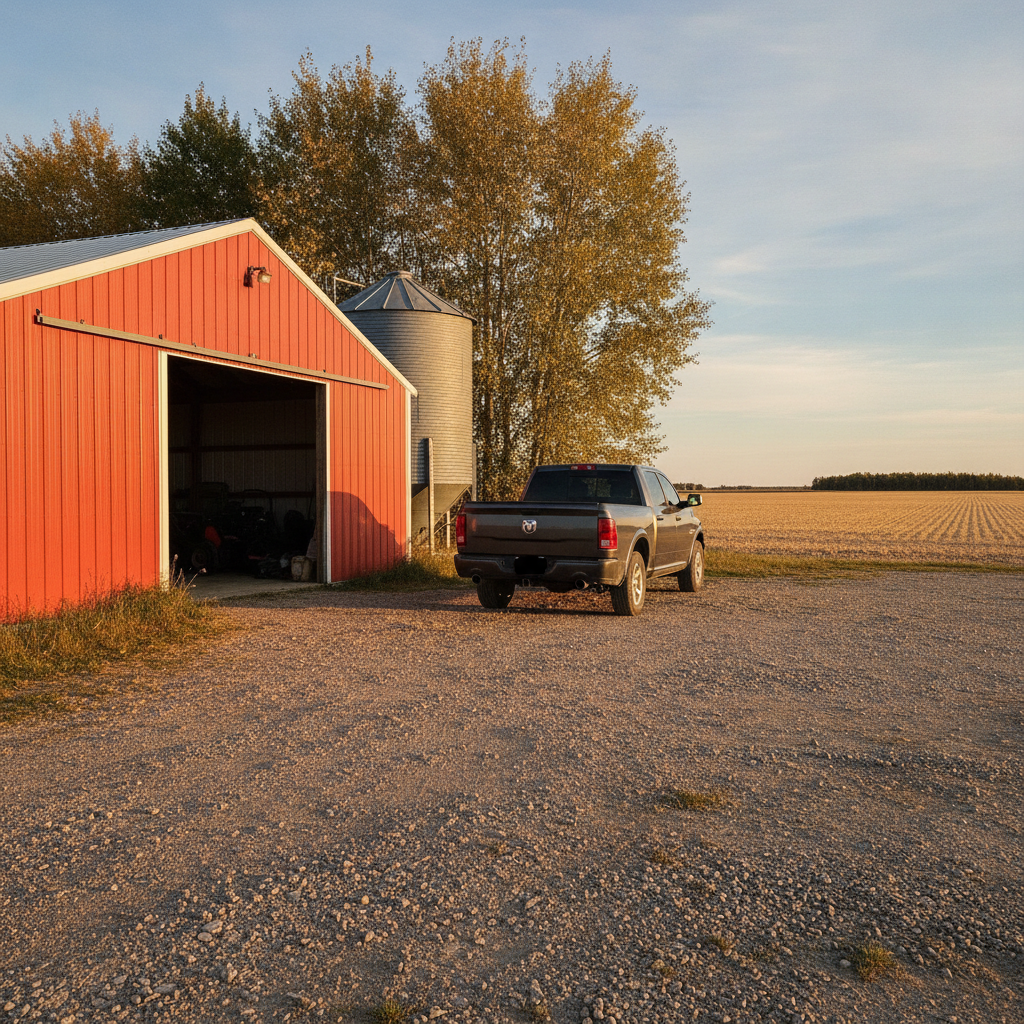 pickup parked by a machine shed in a gravel farmyard near Portage la Prairie