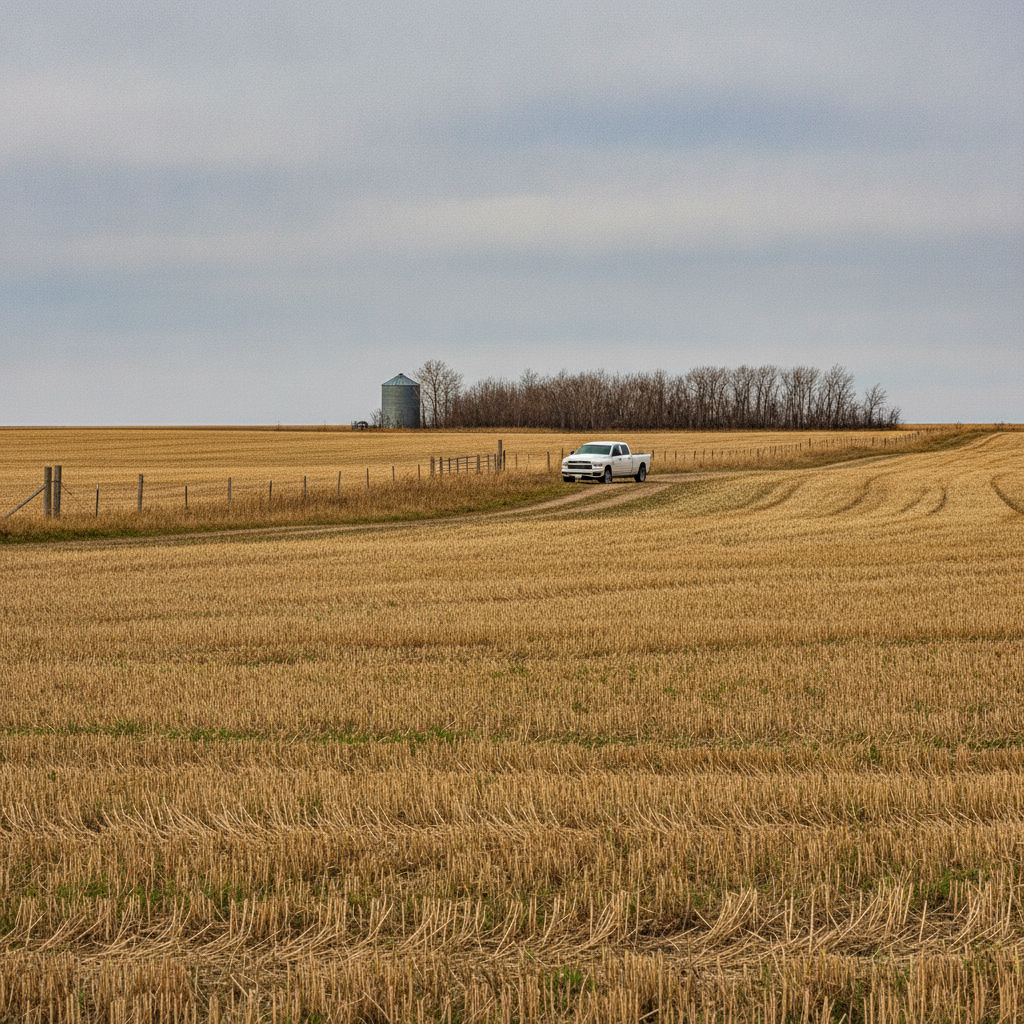 harvested Manitoba canola field with a grain bin and a pickup on the field approach