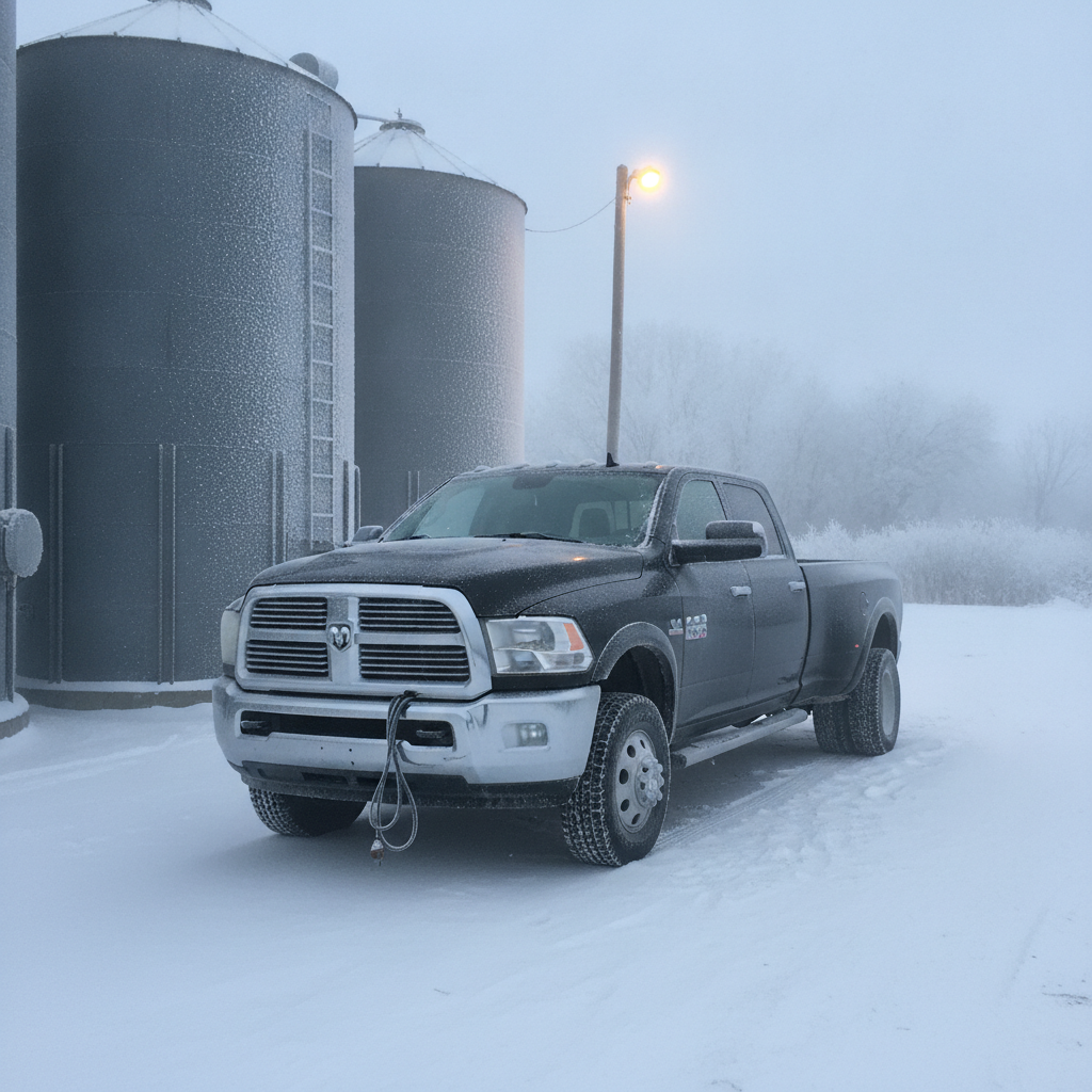 heavy duty diesel pickup parked unplugged by grain bins on a minus 30 Manitoba morning