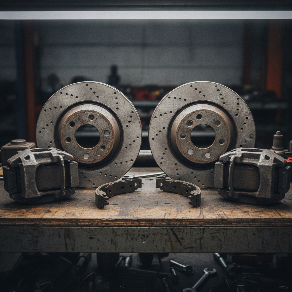 two vented brake rotors, calipers and parking brake shoes laid out on a shop bench